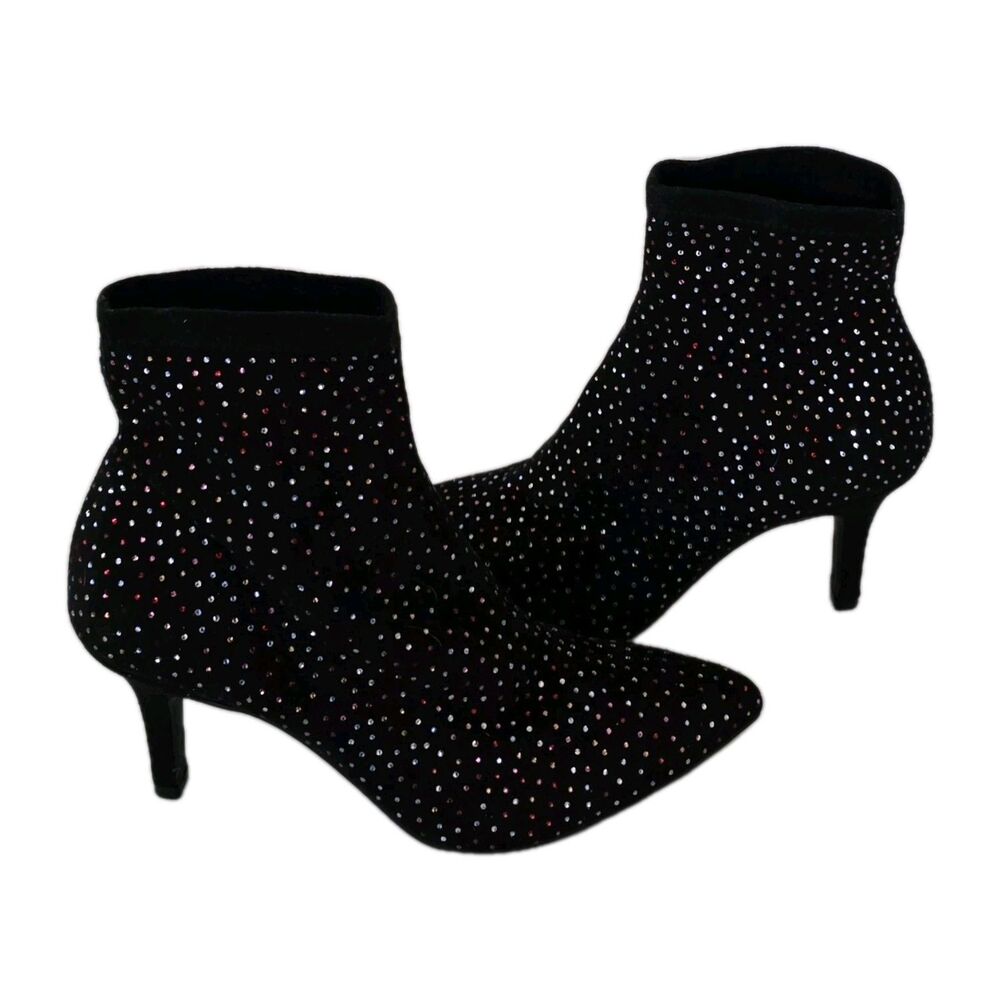 INC International Concepts 7.5 Bray Sock Black Heel Booties W Red Rhinestones - Picture 2 of 14